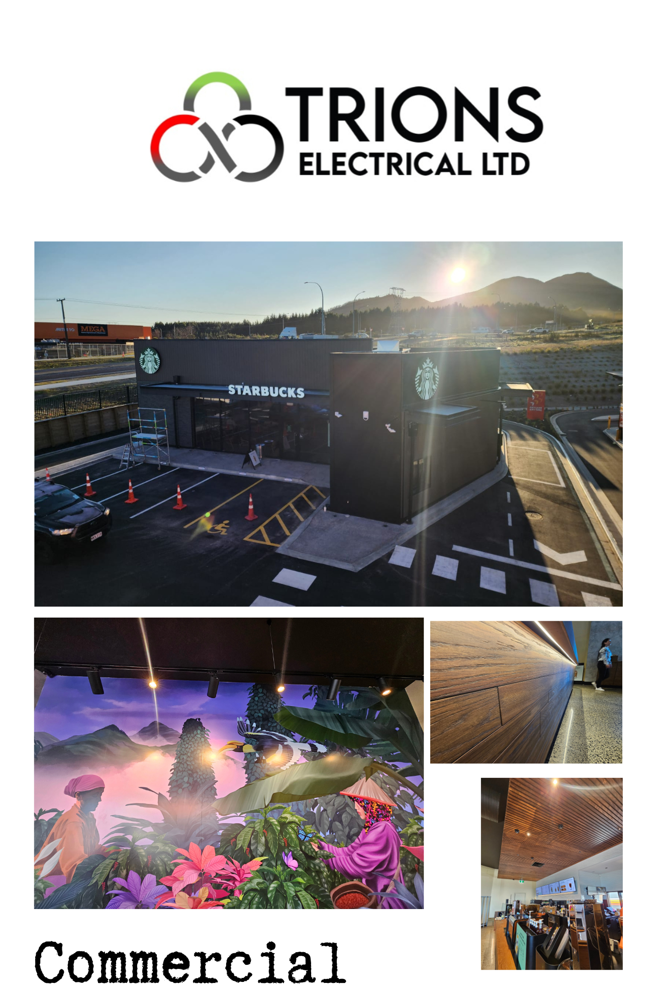Collage of Trions Electrical&rsquo;s commercial fit-out at a Starbucks site, showing exterior and interior finishes.